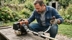 Expert testing a petrol strimmer for thick grass during a hands-on garden tool performance review
