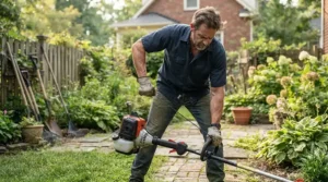 Close-up of someone pulling the cord to start a petrol strimmer engine outdoors.