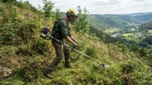 Tackling a steep grassy bank with reliable petrol strimmers under £300, demonstrating low running costs.