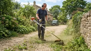 Clearing stubborn weeds along a gravel driveway using petrol strimmers under £300 and excellent fuel efficiency.