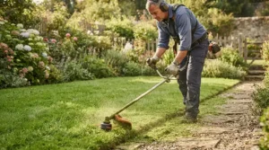 Neat lawn edges being trimmed in a suburban back garden with petrol strimmers under £300, highlighting engine displacement.