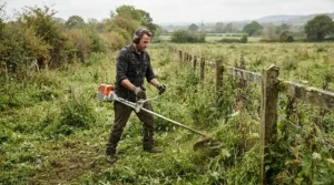 Clearing dense weeds around fence posts in a paddock using petrol strimmers under £300 for optimal fuel efficiency.
