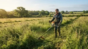 Cutting through thick meadow grass efficiently with petrol strimmers under £300, featuring low running costs.