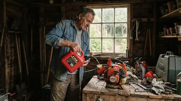 Refueling a garden tool in a wooden shed, demonstrating the low running costs of petrol strimmers under £300.
