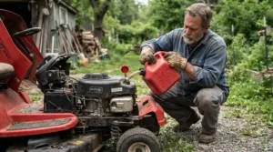 Mixing and pouring fuel into the tank of a heavy-duty petrol grass trimmer.