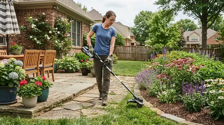 Using a quiet cordless grass trimmer close to a residential house without disturbing neighbours. cordless vs petrol strimmer