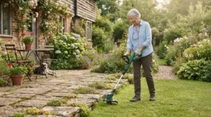 Quiet electric strimmer being operated by an older gardener in a peaceful residential backyard.