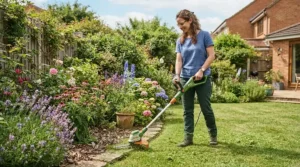 A gardener peacefully operating a quiet battery strimmer in a suburban back garden.