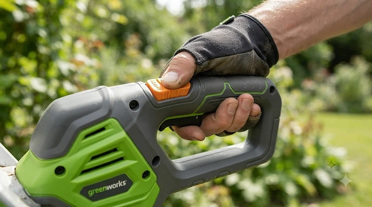 Close-up of simple push-button controls on a lightweight strimmer used by seniors.