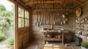 Both cordless and petrol strimmers neatly hung up and stored inside a wooden garden shed.