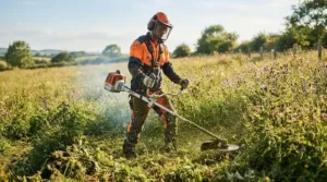 Petrol strimmer tackling overgrown grass and thick weeds in a spacious British country garden