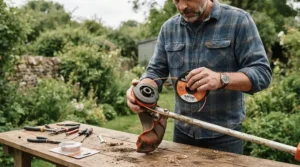 Gardener replacing the cutting line spool on a heavy-duty garden strimmer
