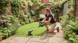A person using a lightweight grass trimmer to tidy the edges of a small lawn in a terraced garden