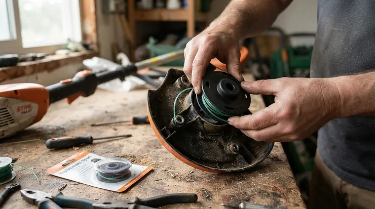 Replacing the plastic cutting line spool on a compact grass strimmer for small gardens