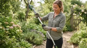 Demonstrating the telescopic shaft adjustment on a strimmer designed for compact outdoor spaces