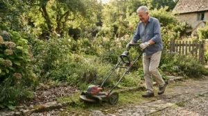 Wheeled strimmer attachment helping a senior gardener effortlessly trim lawn edges without lifting heavy weight.