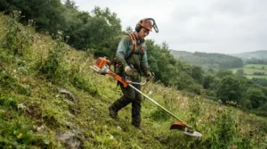 Operator wearing a backpack brush cutter for brambles on a steep rural embankment