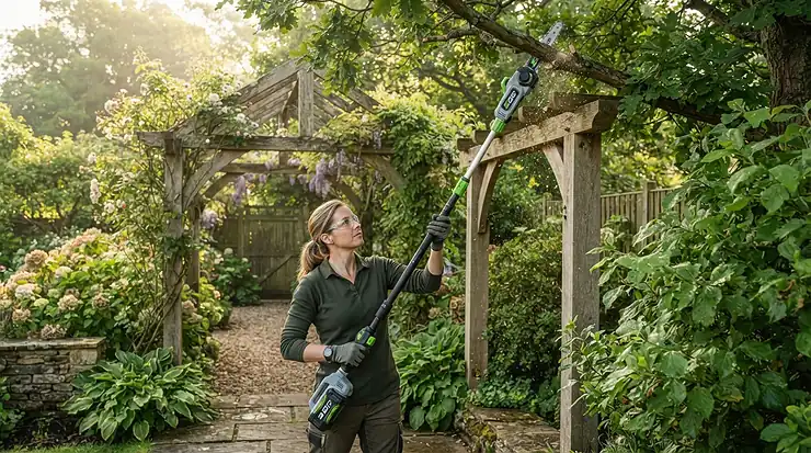 Cordless battery-powered brush cutter for brambles being used near a residential garden shed