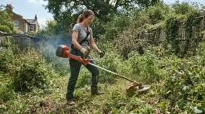 A homeowner using a brush cutter for brambles to clear an overgrown patch in a suburban back garden