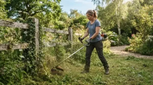 Using a brush cutter for smallholdings along a traditional fence line boundary