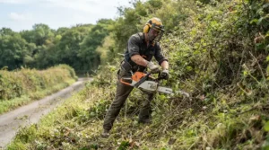 Clearing dense brambles with a brush cutter for smallholdings near a drainage ditch