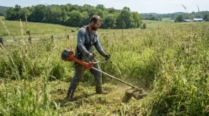 Operator using a brush cutter for smallholdings to clear tall grass in a paddock