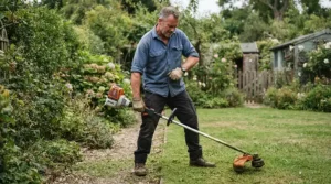 Starting a petrol-powered brush cutter for smallholdings outdoors