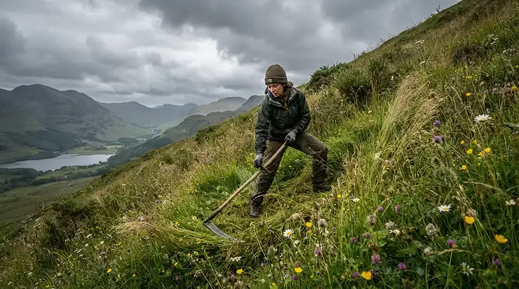Tackling a steep grassy bank with a brush cutter for smallholdings
