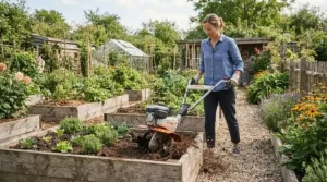 A gardener considering a brush cutter vs strimmer for maintaining a productive vegetable allotment.