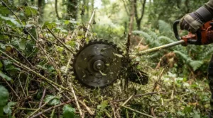 Comparing a brush cutter vs strimmer fitted with a metal blade attachment for cutting thick brambles.