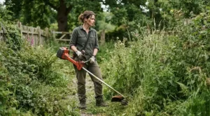 A gardener evaluating brush cutter vs strimmer options for tackling dense, overgrown weeds in a typical British back garden.