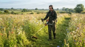 Understanding brush cutter vs strimmer efficiency when mowing long, rough meadow grass.