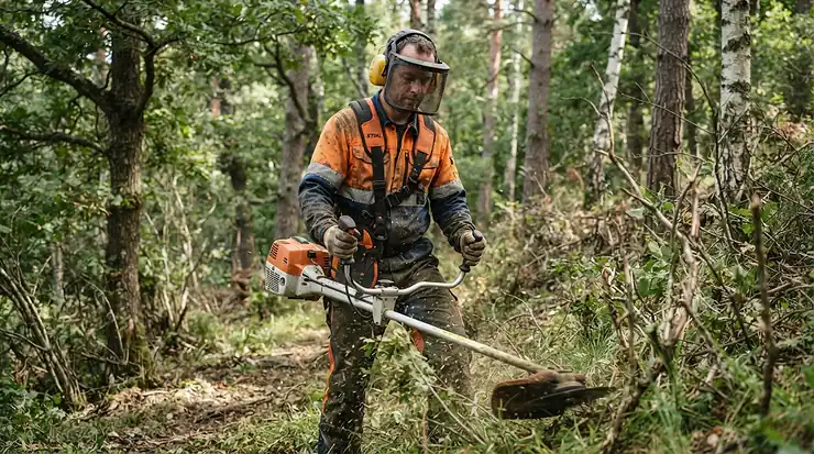 Wearing safety gear during a brush cutter vs strimmer comparison test on tough terrain.