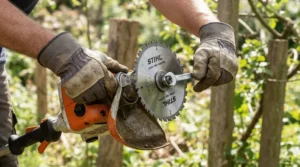 Fitting a specialist blade type to a brush cutter for brambles and thick woody stems