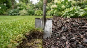 Achieving crisp border definition using a lawn edger for flower beds against fresh bark mulch.