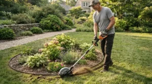 Demonstrating curved cutting control with a lawn edger for flower beds around a circular planting area.