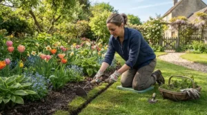 Spring planting bed maintenance enhanced by a manual lawn edger for flower beds.