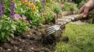 Compact lawn edger for flower beds being operated in a tidy urban back garden.