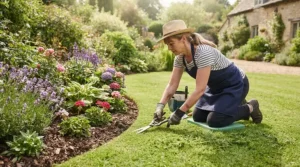 A homeowner using a lawn edger for flower beds to create a neat edge beside a manicured lawn.