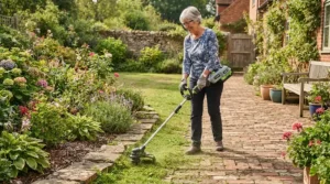 A senior woman using a battery-powered lawn edger for pensioners near a traditional British brick patio.