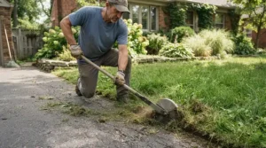 A neat driveway border achieved easily with a lawn edger for pensioners in a typical UK front garden.