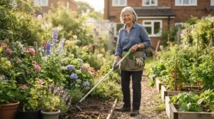An elderly gardener smiling while using a lightweight lawn edger for pensioners along a garden path in a British backyard.