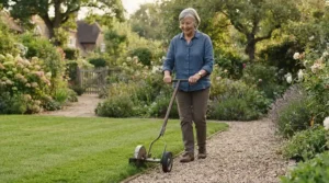 A senior citizen standing upright while operating a lawn edger for pensioners, showcasing reduced bending.