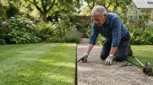 An older gentleman carefully examining the cut quality of a lawn edger for pensioners during a weekend review.