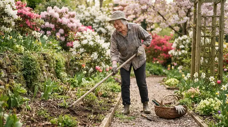 A pensioner preparing the lawn borders for spring using a dedicated lawn edger for pensioners.