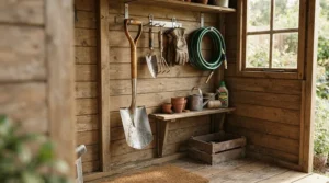 A compact lawn edger for pensioners stored neatly inside a wooden British garden shed alongside other tools.