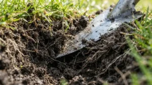 Close-up showing blade durability on a budget lawn edgers under £50 model cutting through thick turf.