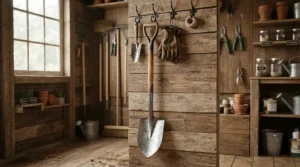 Demonstrating compact storage size for lawn edgers under £50 hanging neatly in a garden shed.
