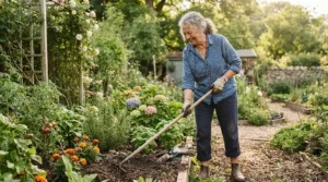 An elderly gardener effortlessly handling lightweight lawn edgers under £50 along a curved flower bed.