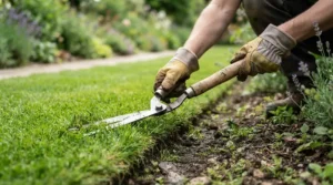 A person using one of the best lawn edgers under £50 to tidy a compact lawn edge in a small garden.